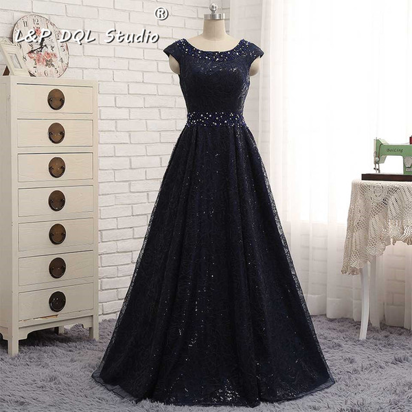 Dark Navy Evening Dresses Eleagnt Lace-up Back Sweep Train Soft Tulle with Shining Sequins Beads vestidos festa Formal Gowns L&P DQL Studio