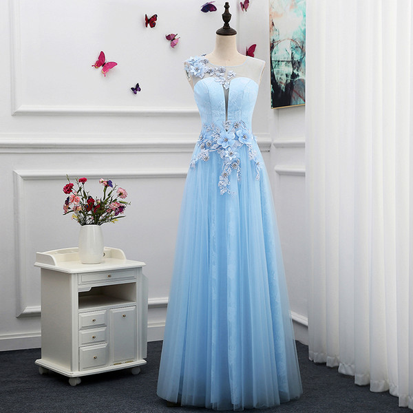 Light Sky Blue Evening Dress Long prom Dress Scoop Sheer with Embroidery Applique Lace Prom Dress Custom Made Plus Size