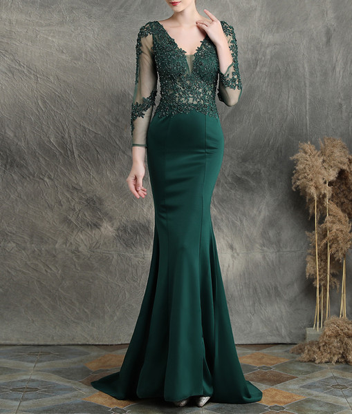 Fancy Mermaid Long Sleeves Evening Dress Sexy Mermaid Prom Dress Sheer with Applique Beads Long Prom Dress Dark Green/Black