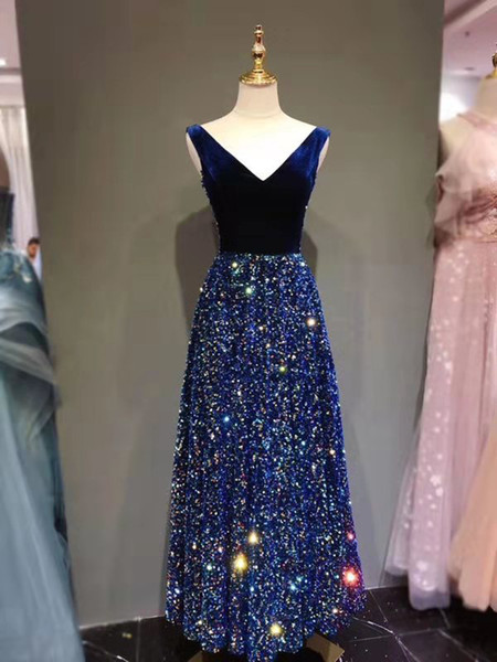 Fall Winter Long Evening Dress Velvet with Sequins Side Zipper Floor Length Real Photos Prom Dress