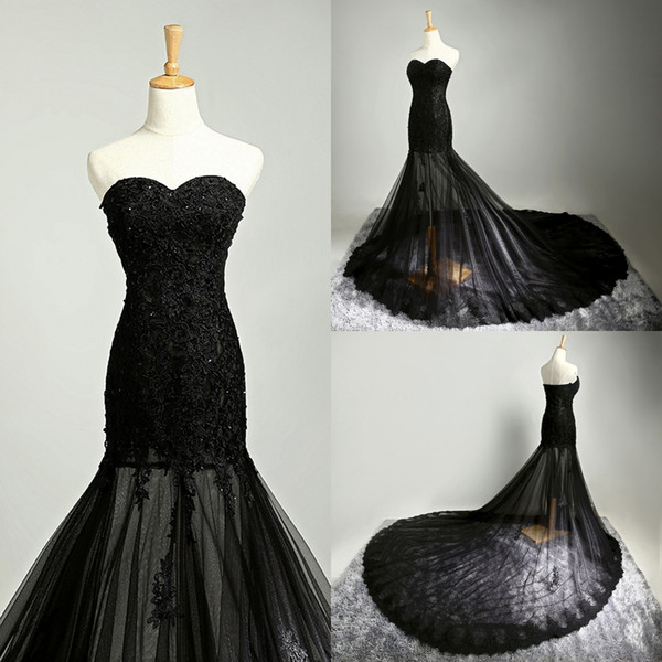 Sexy Black Evening Dresses Mermaid Lace tulle with Applique Beads Mermaid Prom Dress Real Pictures On Sale Cheap