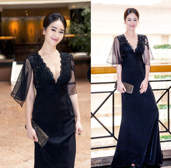 Sexy Black Lace top Evening Dress Sweep Train Long Prom Dress Cap Sleeve Zipper Back Long Runway Gowns