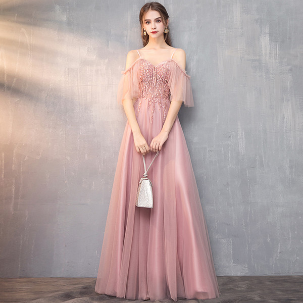 Fairy Lotus Pink Evening Dress High Waist Spaghetti Backless Long Prom Dresses Soft Tulle with Embroidery Evening Gowns