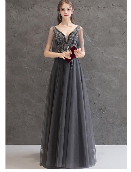 Stuning Evening Dress Gray Long V-Neck Sleeveless Pleats Tulle with Applique Long Prom Dresses New Arrival