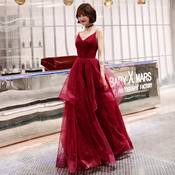 Blingbling Evening Dress Dark Red Long Prom Dress Spaghetti Sleeveless Backless Sweep Train Evening Dresses Sexy Back