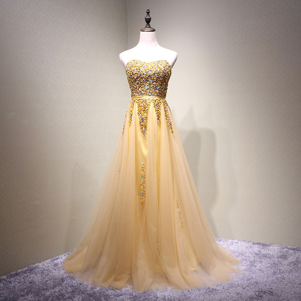 Stunning Gold Evening Dress New Arrival Strapless Lace-up Back Sweep Train Prom Dress Soft Tulle with Sequins Beads