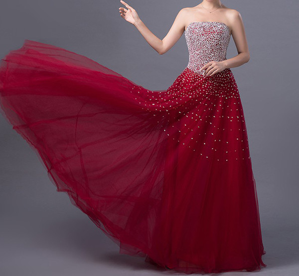 Stunning Dark Red Evening Dress Long Sexy Strapless Lace-up Back Layers Tulle Prom Dress New Arrival