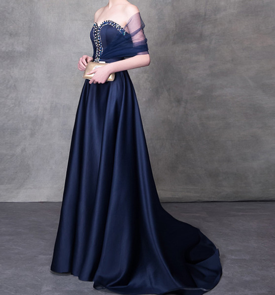 Sexy Navy Blue Long Evening Dresses with wrap Satin Sweep Train Prom Dress Satin with beads Sequins Lace-up Back