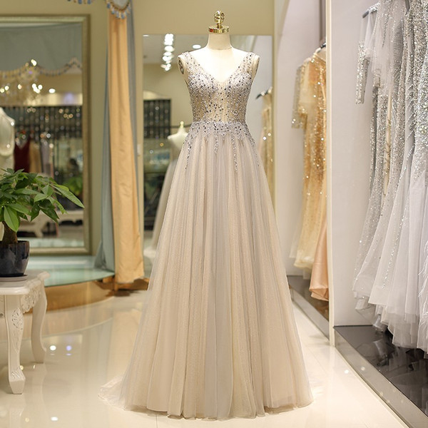 Champagne and Gray Evening Dresses Sexy Sheer with Beading Sequins Sweep Train Long Prom Dresses New Arrival