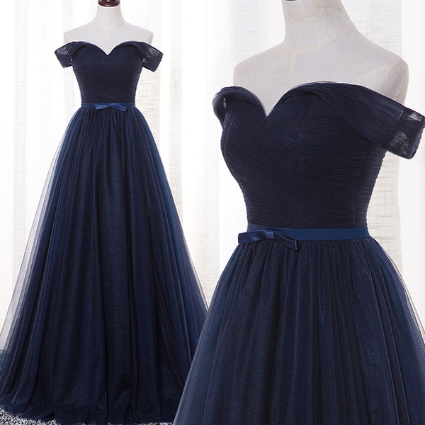 Sexy off Shoulder Dark Navy Evening Dresses Zipper Back Long Prom Dresses Real Pictures New Arrival Party Dresses Elegant Style