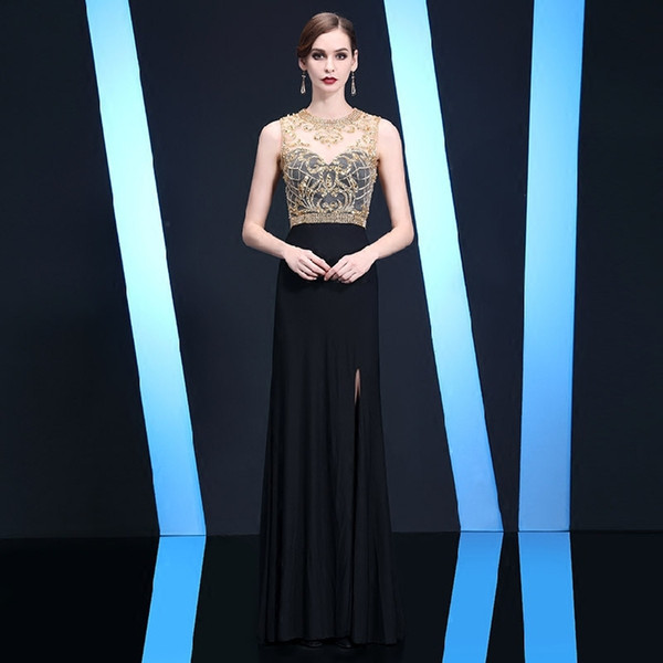 Sexy Black Evening Dress Side Split Sweep Train Spandex Sheer Neck with Gold Beads Sequins Zipper Back Prom Dress