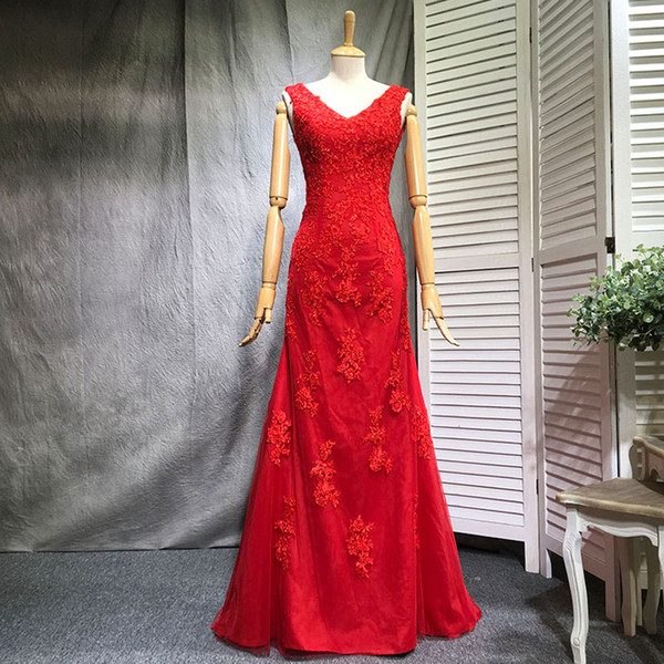 Elegant Red Mermaid Evening Dress V-Neck Sleeveless Zipper Back Sweep Train Tulle with Floral Applique Sequins vestidos festa custom made