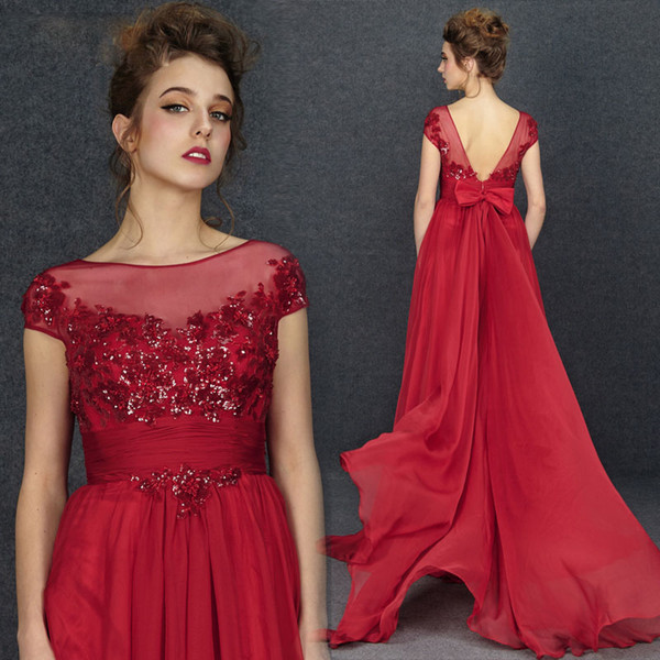 Fancy Dark Red Chiffon Evening Dresses Bateau Zipper Back Sweep train Prom Dresses Sheer with Applique Shining Sequins