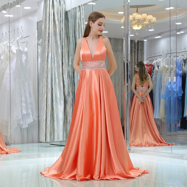 Elegant Coral Evening Dresses Satin Long Prom Dress V-Neck Sleeveless Zipper Back Shining Sequins Beads Along waistline Party Dresses