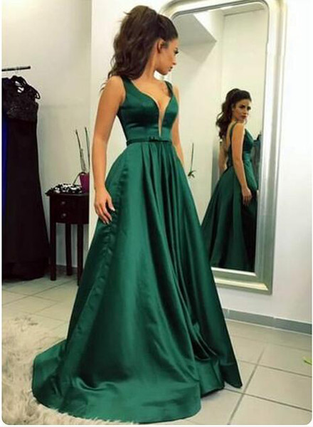 Dark Green Evening Dresses Elegant Satin Long Prom Dresses Sexy Zipper Back Sweep train Party Dresses High Quality Satin