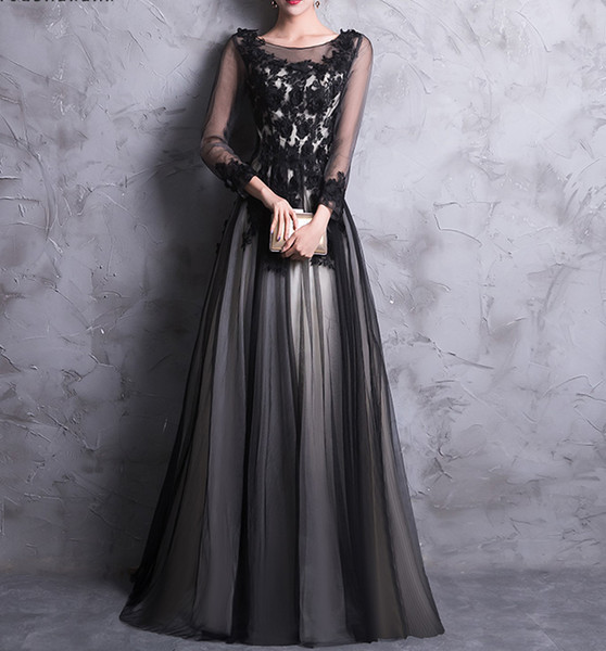 Elegant Black Evening Dresses Long Prom Dress Scoop Sheer with Applique Zipper Back Prom Gowns 