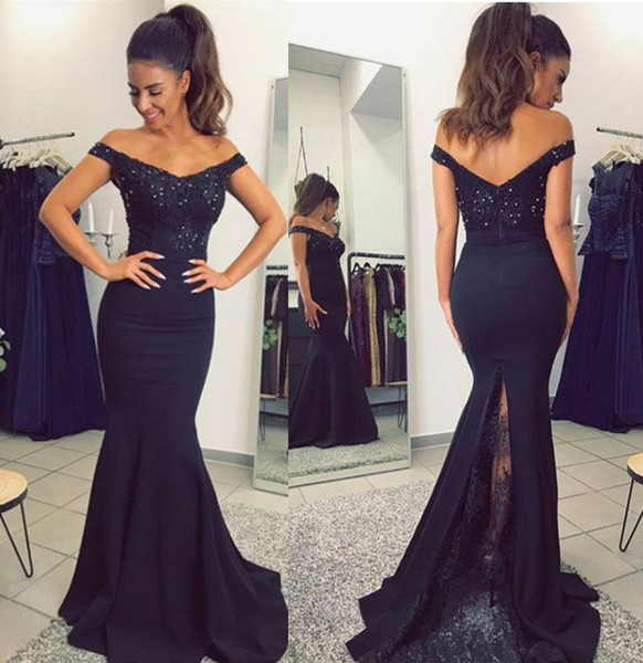 Sexy Black Evening Dress Off Shoulder Mermaid Prom Dress Zipper Back Sheer with Applique Sweep train party dress