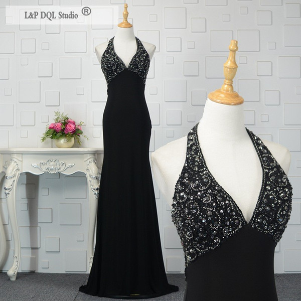 Sexy Backless Black Evening Dresses Mermaid Chiffon Long Prom Gowns Major Beading Halter Sweep Train Formal Dress