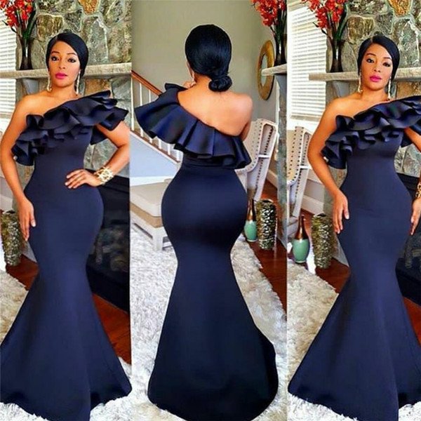 Sexy Dark Navy Mermaid Evening Dresses One Shoulder Pleats Side Zipper Sweep Train Long Prom Gowns Custom Made Plus Size