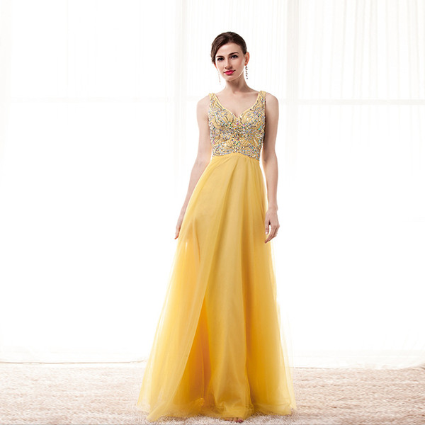 Sexy V-Neck Yellow Evening Dresses Pleats Tulle Skirt Shining Sequins Beads Prom Dress Custom Made Plus Size 