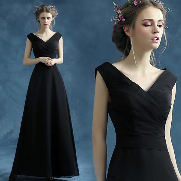 Elegant Black Chiffon Evening Dress Pleats Chiffon Floor Length Prom Dresses Custom Made Plus Size Cheap