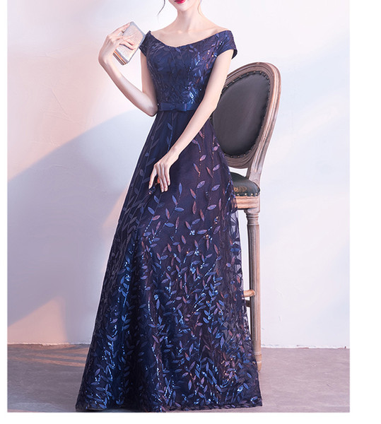 Elegant Dark Navy Evening Dresses V-Neck Short Sleeves Lace-up with Zipper Back Shining Sequins Prom Dresses Evening gowns Floor Length