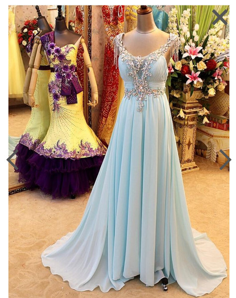 Light Sky Blue Prom Dresses Long Evening Dress Pleats Chiffon with Sparkling Crystal Beads Long Formal Gowns