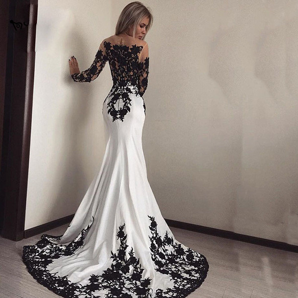 Sexy White and Black Evening Dresses Illusion Sheer Neckline Long Sleeves Chiffon Tulle Floral Applique Sweep Train Prom Dress Plus Size