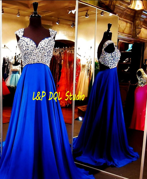 Royal Blue Evening Dresses Chiffon Backless Long Prom Dresses Sparkling Beads Sequins On the Top Stunning Red Carpet Dresses New