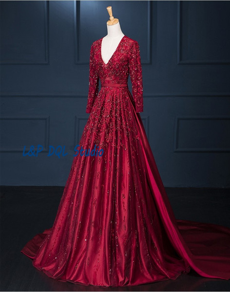 Gorgeous Prom Dresses Wine Red Evening Dear V-Neck Long Sleeve tulle Satin with Embroidery Court Train Evening Gowns with Beads Sequins