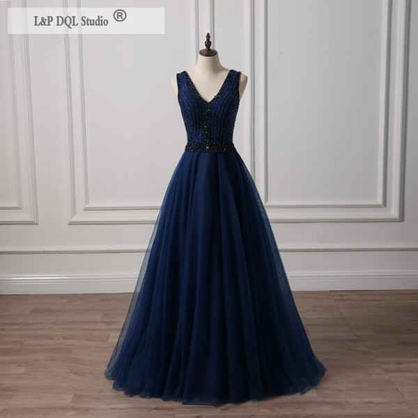 Dark Navy Evening Dresses V-Neck Sleeveless Sparkling Beads Sequins Lace-up Back Floor Length Prom Dresses Elegant Mother of the bride dress