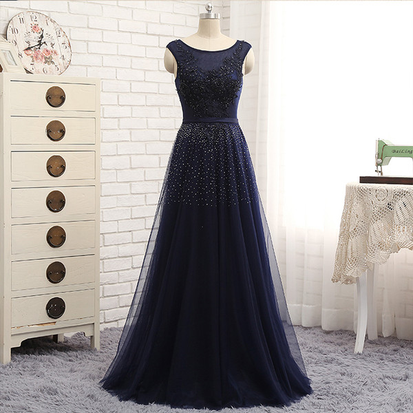 2017 New Arrival Dark Navy Evening Dresses Sweep train Long Prom Gowns Scoop Zipper Back Floral Applique with Shining Sequins Beads Formal