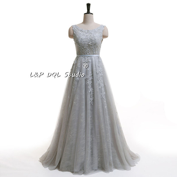 Light Gray Evening Dresses Lace Prom Dress Sexy Backless 2017 New Arrival Soft Tulle with Lace Applique Beads Formal Gowns