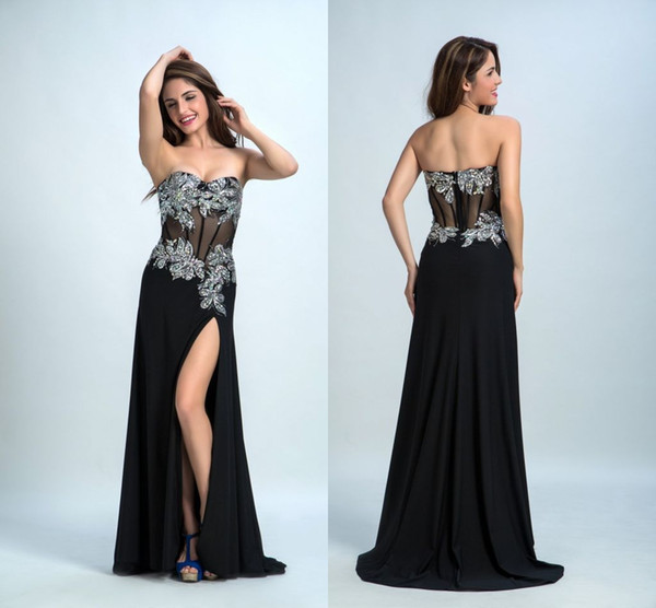 2017 Sexy Black Evening Dresses Side Split Chiffon Long prom Dresses Evening Wear Sheer with Applique Sexy Black Formal Gowns