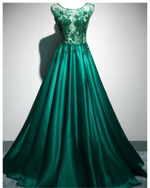 Dark Green Evening Dresses Elastic Satin Lace with Sequins Beads Long Prom gowns Formal Wear Cheap