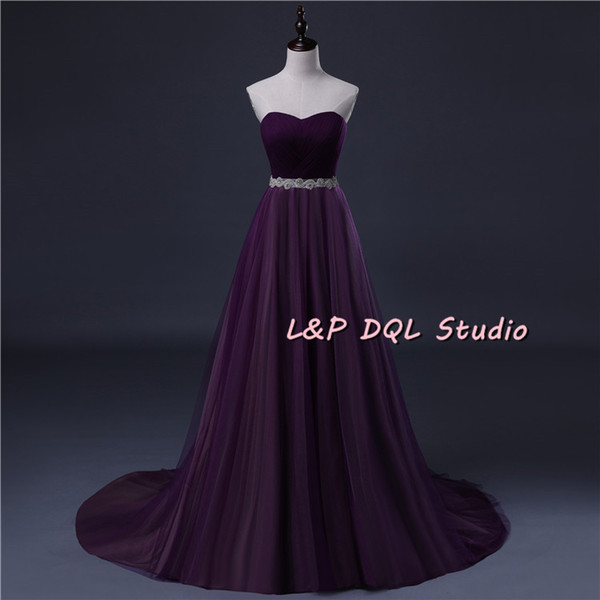 Dark Purple Evening Dresses Sweep Train 2017 New Arrival L&P DQL Studio vestidos festa Long Prom Dresses with Shining Sash