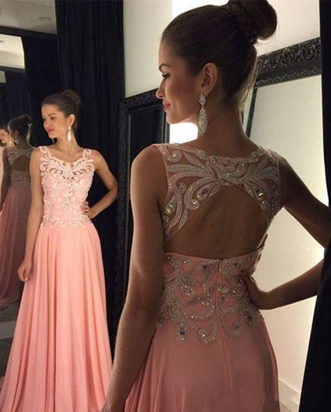 Sexy Pink Backless Chiffon Evening Dresses Sheer with Applique Sequins Long Prom Dress 2017 New Arrival White,Black