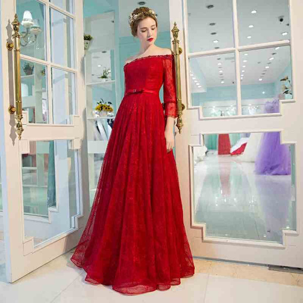 Dark Red Lace Evening Dresses 2017 New Arrival Sexy Strapless Three Quarter Sleeves Lace-up/Zipper Back Long Formal Dresses with Beads