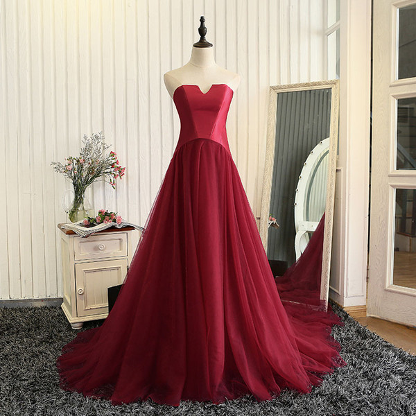 Vintage Dark Red Evening Dresses Starpless Sweep train Soft tulle pleats with satin top Zipper/Lace-up Back Custom Made Plus Size Cheap