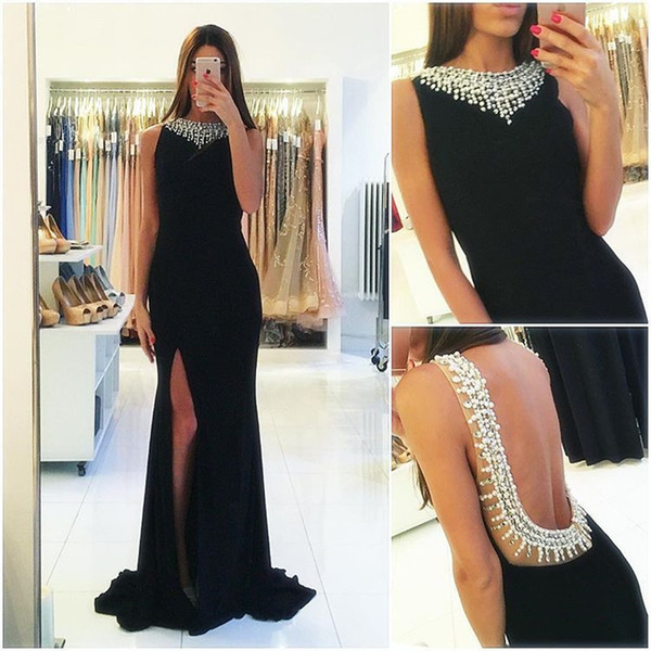 Sexy Black Mermaid Evening Dresses Side Split Backless Sheer with Pearls Beads Long Mermaid Prom Gowns Sweep Train