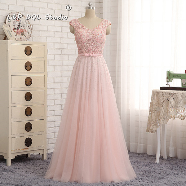 Pale Pink Evening Dresses V-Neck Sleeveless Pleats Tulle Sweep Train Long Prom Dresses Floral Lace with Sequins Formal Gowns Lace-up Back