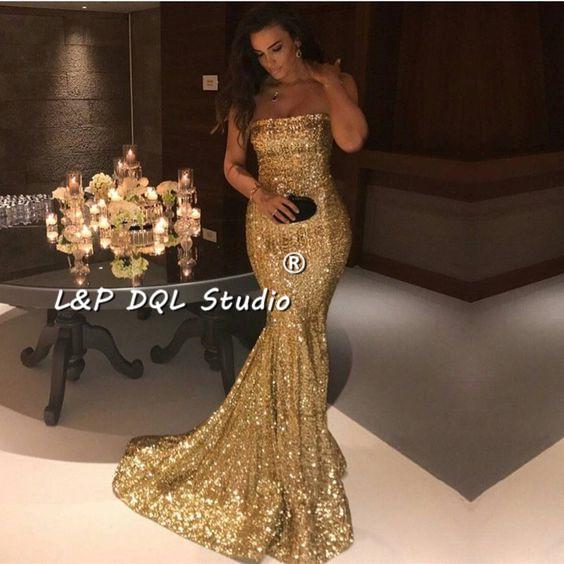 Sexy Gold Sequined Mermaid Evening Gown Strapless Sweep Train Long Prom Dress Lace-up/Zipper Back Sexy mermaid Formal Dresses