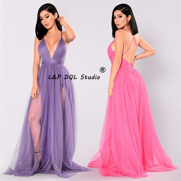 2017 Sexy tulle Evening Dresses Lavender,Pink Long Sweep Train Prom Dresses Cheap!!! on sale VESTIDOS Feata Evening Wear Deep v-neck