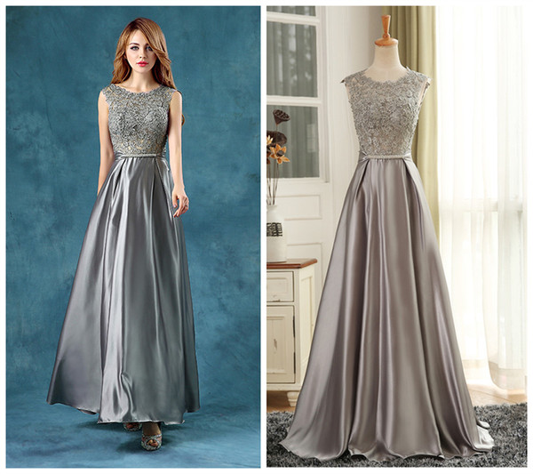 Sexy Light Gray Evening Dresses Maxi Satin Floor Length Prom Dress vestidos festa evening wear Sexy Sheer with Applique