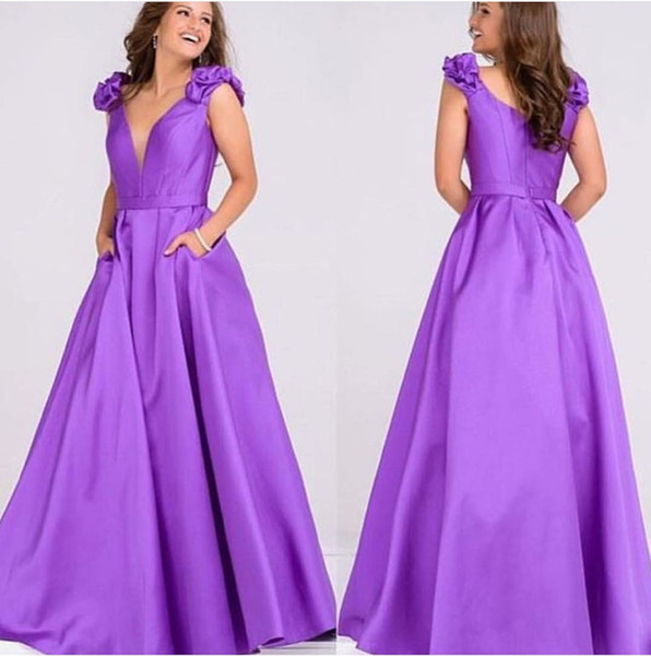 Light Purple Evening Dresses Satin Long Prom Dress Scoop Sleeveless Zipper Back Formal Dress with Pockets Cheap