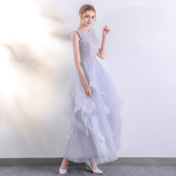 Silver Gray Evening Dresses Ball Gown Pleats Tulle with Lace Top Open back Ankle Length Formal Dresses with Detachable Gold Sash Cheap