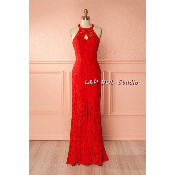 Sexy Red Lace Mermaid Evening Dresses Split Lace Prom Gowns Sweep Train Long vestidos festa L&P DQL Studio