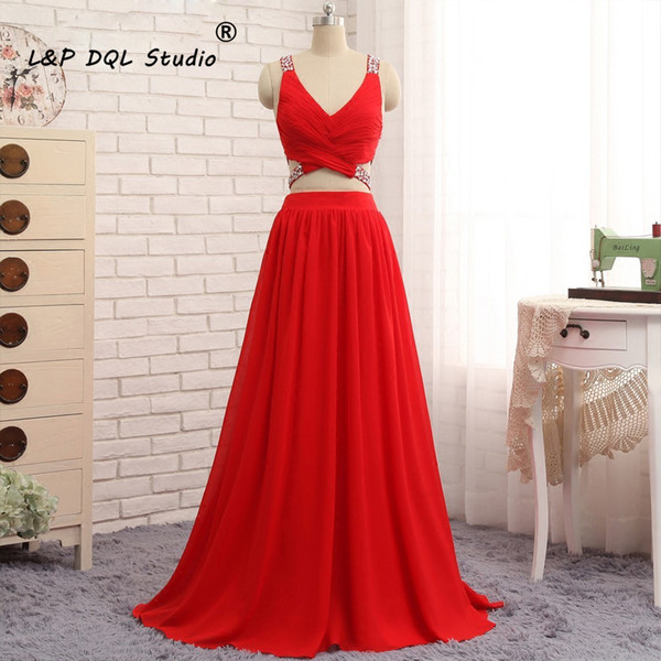 Stunning Red 2 Pieces Evening Dresses major beading Long Prom Dress Sexy Long Vestidos festa evening wear 2017