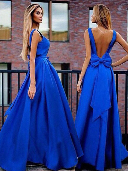 Elegant Royal Blue Evening Dresses 2017 New Arrival Backless Sweep train Long Prom Dresses with Big Bow Plus Size Cheap