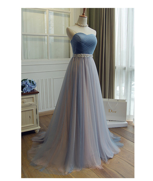 2017 New Arrival Evening Dresses Pleats Tulle Colorful Blue Sweep Train Long Prom Dress Sexy Backless with Sparkling Sash